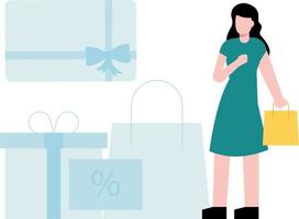 A girl is standing holding a shopping bag. vector