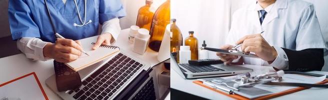 Double exposure of technology healthcare And Medicine concept. Doctors using digital tablet and modern virtual screen interface icons panoramic banner, blurred background. photo