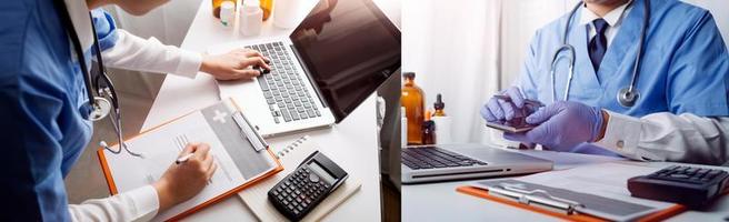Double exposure of technology healthcare And Medicine concept. Doctors using digital tablet and modern virtual screen interface icons panoramic banner, blurred background. photo