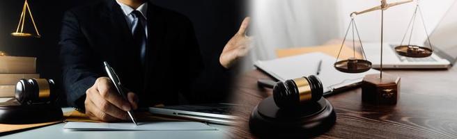 Business and lawyers discussing contract papers with brass scale on desk in office. Law, legal services, advice, justice and law concept picture with film grain effect photo