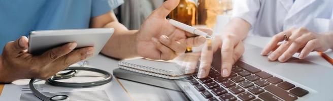Double exposure of technology healthcare And Medicine concept. Doctors using digital tablet and modern virtual screen interface icons panoramic banner, blurred background. photo