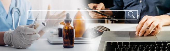 Double exposure of technology healthcare And Medicine concept. Doctors using digital tablet and modern virtual screen interface icons panoramic banner, blurred background. photo