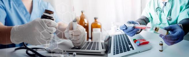 Double exposure of technology healthcare And Medicine concept. Doctors using digital tablet and modern virtual screen interface icons panoramic banner, blurred background. photo