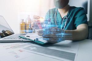 Double exposure of healthcare And Medicine concept. Doctor and modern virtual screen interface. photo