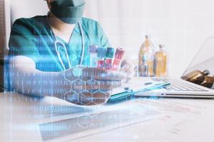 Double exposure of healthcare And Medicine concept. Doctor and modern virtual screen interface. photo