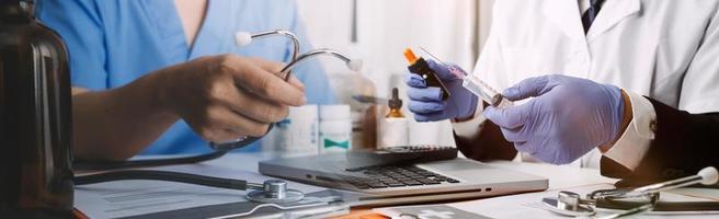 Double exposure of technology healthcare And Medicine concept. Doctors using digital tablet and modern virtual screen interface icons panoramic banner, blurred background. photo