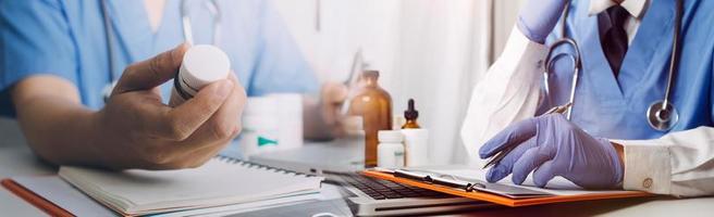 Double exposure of technology healthcare And Medicine concept. Doctors using digital tablet and modern virtual screen interface icons panoramic banner, blurred background. photo