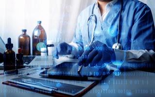 Double exposure of healthcare And Medicine concept. Doctor and modern virtual screen interface. photo