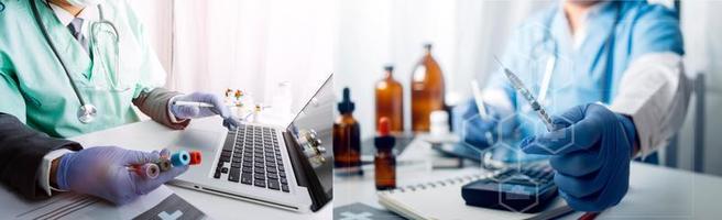 Double exposure of technology healthcare And Medicine concept. Doctors using digital tablet and modern virtual screen interface icons panoramic banner, blurred background. photo