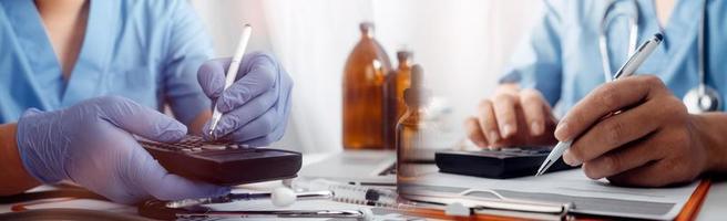 Double exposure of technology healthcare And Medicine concept. Doctors using digital tablet and modern virtual screen interface icons panoramic banner, blurred background. photo