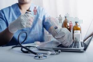 Double exposure of healthcare And Medicine concept. Doctor and modern virtual screen interface. photo