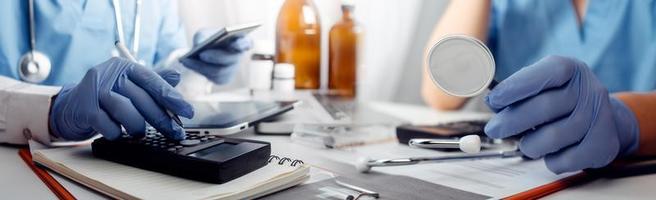 Double exposure of technology healthcare And Medicine concept. Doctors using digital tablet and modern virtual screen interface icons panoramic banner, blurred background. photo