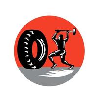 Tire Sledgehammer Workout Woodcut vector