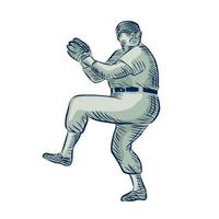 Baseball Pitcher Pitching Etching vector