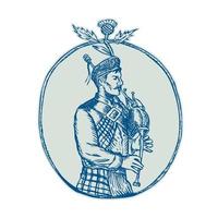 Scotsman Bagpiper Playing Bagpipes Etching vector