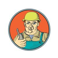 Builder Carpenter Holding Radio Phone Circle Retro vector