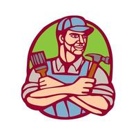 Builder Carpenter Paintbrush Hammer Linocut vector