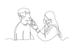 A female dentist is checking the dental health of a patient. Simple Continuous line. Simple Line vector