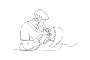 A simple line, depicting a woman checking the condition of her teeth to the dentist. Simple line, Simple continuous line. vector