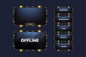 Live streaming overlay design for gamers with dark screen panels. Futuristic stream overlay design with digital buttons. Gaming screen overlay vector with abstract shapes and yellow color.