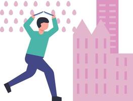 The boy is running in the rain. vector