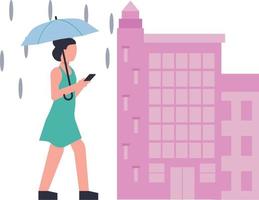 A girl using a mobile phone under an umbrella in the rain. vector