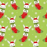 Draw character cute rabbit in Christmas sock for Christmas day and new year. Draw doodle cartoon style. Seamless Christmas pattern. vector