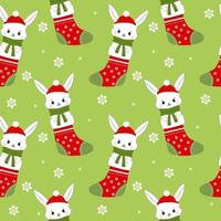 Draw character cute rabbit in Christmas sock for Christmas day and new year. Draw doodle cartoon style. Seamless Christmas pattern. vector