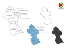 4 estilo de ilustración de vector de mapa de guyana tiene toda la provincia y marca la ciudad capital de guyana. por estilo de simplicidad de contorno negro delgado y estilo de sombra oscura. aislado sobre fondo blanco.