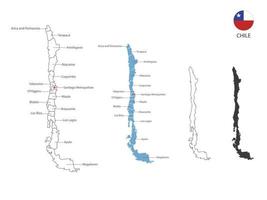 4 estilo de ilustración de vector de mapa de chile tiene toda la provincia y marca la ciudad capital de chile. por estilo de simplicidad de contorno negro delgado y estilo de sombra oscura. aislado sobre fondo blanco.