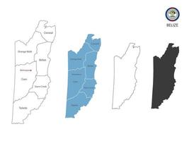 4 estilo de ilustración de vector de mapa de belice tienen todas las provincias y marcan la ciudad capital de belice. por estilo de simplicidad de contorno negro delgado y estilo de sombra oscura. aislado sobre fondo blanco.