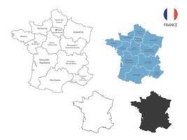 4 style of France map vector illustration have all province and mark the capital city of France. By thin black outline simplicity style and dark shadow style. Isolated on white background.