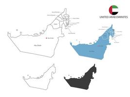 4 estilo de ilustración de vector de mapa de emiratos árabes unidos tiene todas las provincias y marca la ciudad capital de emiratos árabes unidos. por estilo de simplicidad de contorno negro delgado y estilo de sombra oscura.