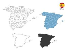 4 estilo de ilustración de vector de mapa de españa tiene toda la provincia y marca la ciudad capital de españa. por estilo de simplicidad de contorno negro delgado y estilo de sombra oscura. aislado sobre fondo blanco.