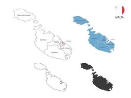 4 estilo de ilustración de vector de mapa de malta tiene toda la provincia y marca la ciudad capital de malta. por estilo de simplicidad de contorno negro delgado y estilo de sombra oscura. aislado sobre fondo blanco.