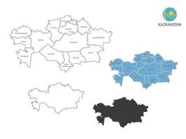 4 estilo de ilustración de vector de mapa de kazajstán tienen todas las provincias y marcan la ciudad capital de kazajstán. por estilo de simplicidad de contorno negro delgado y estilo de sombra oscura. aislado sobre fondo blanco.