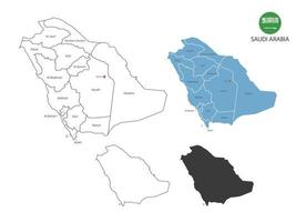 4 estilo de ilustración de vector de mapa de arabia saudita tiene toda la provincia y marca la ciudad capital de arabia saudita. por estilo de simplicidad de contorno negro delgado y estilo de sombra oscura. aislado sobre fondo blanco.