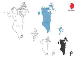 4 estilo de ilustración de vector de mapa de bahrein tiene toda la provincia y marca la ciudad capital de bahrein. por estilo de simplicidad de contorno negro delgado y estilo de sombra oscura. aislado sobre fondo blanco.