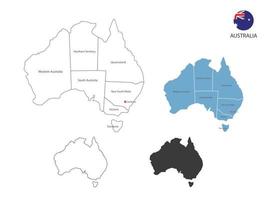 4 style of Australia map vector illustration have all province and mark the capital city of Australia. By thin black outline simplicity style and dark shadow style. Isolated on white background.