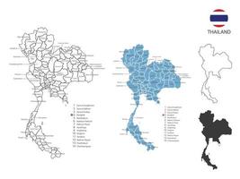 4 estilo de ilustración de vector de mapa de tailandia tiene toda la provincia y marca la ciudad capital de tailandia. por estilo de simplicidad de contorno negro delgado y estilo de sombra oscura. aislado sobre fondo blanco.