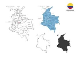 4 estilo de ilustración de vector de mapa de colombia tiene toda la provincia y marca la ciudad capital de colombia. por estilo de simplicidad de contorno negro delgado y estilo de sombra oscura. aislado sobre fondo blanco.