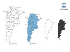 4 estilo de ilustración de vector de mapa argentino tiene toda la provincia y marca la ciudad capital de argentina. por estilo de simplicidad de contorno negro delgado y estilo de sombra oscura. aislado sobre fondo blanco.