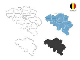 4 estilo de ilustración de vector de mapa de bélgica tiene toda la provincia y marca la ciudad capital de bélgica. por estilo de simplicidad de contorno negro delgado y estilo de sombra oscura. aislado sobre fondo blanco.