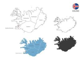 4 estilo de ilustración de vector de mapa de islandia tienen todas las provincias y marcan la ciudad capital de islandia. por estilo de simplicidad de contorno negro delgado y estilo de sombra oscura. aislado sobre fondo blanco.