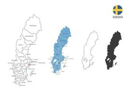 4 style of Sweden map vector illustration have all province and mark the capital city of Sweden. By thin black outline simplicity style and dark shadow style. Isolated on white background.