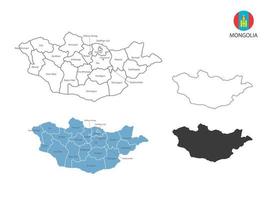 4 style of Mongolia map vector illustration have all province and mark the capital city of Mongolia. By thin black outline simplicity style and dark shadow style. Isolated on white background.