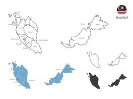 4 estilo de ilustración de vector de mapa de malasia tiene toda la provincia y marca la ciudad capital de malasia. por estilo de simplicidad de contorno negro delgado y estilo de sombra oscura. aislado sobre fondo blanco.