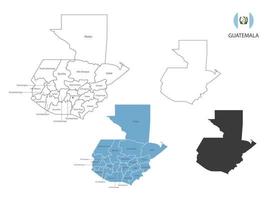 4 estilo de ilustración de vector de mapa de guatemala tiene toda la provincia y marca la ciudad capital de guatemala. por estilo de simplicidad de contorno negro delgado y estilo de sombra oscura. aislado sobre fondo blanco.