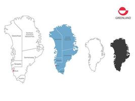 4 estilo de ilustración de vector de mapa de groenlandia tiene toda la provincia y marca la ciudad capital de groenlandia. por estilo de simplicidad de contorno negro delgado y estilo de sombra oscura. aislado sobre fondo blanco.