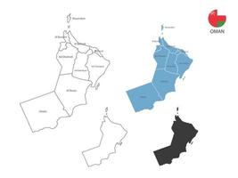 4 estilo de ilustración de vector de mapa de omán tiene toda la provincia y marca la ciudad capital de omán. por estilo de simplicidad de contorno negro delgado y estilo de sombra oscura. aislado sobre fondo blanco.